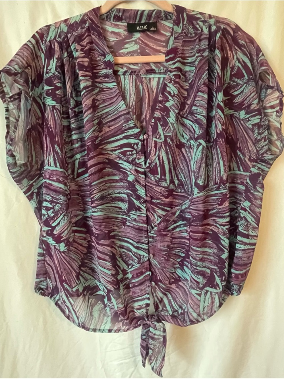 a.n.a Purple Teal Printed Tie-Front Women's Summer Blouse Large